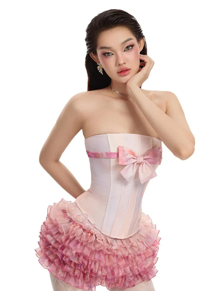 Strapless Corset Top And Ruffles A-line Mini Skirt Set
