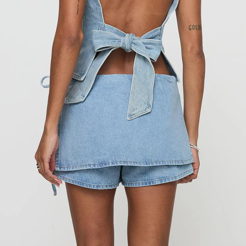 Wrap Pockets Low Waist Denim Mini Skirt
