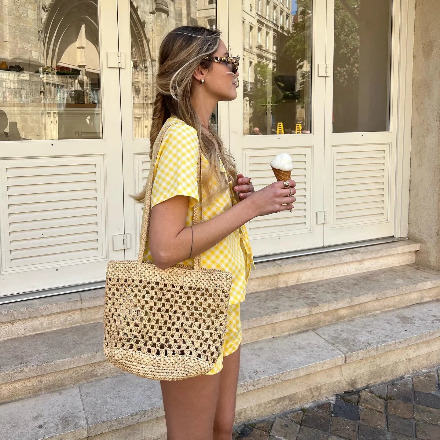 Yellow Checkered Front Tie Shirt And Shorts Set