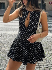 Black Polka Dot  Lace-up Cut Out Mini Dress