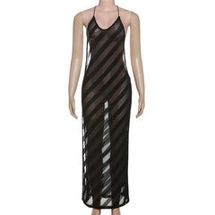 Striped Sheer Maxi Dress â€?Black Open Back Style