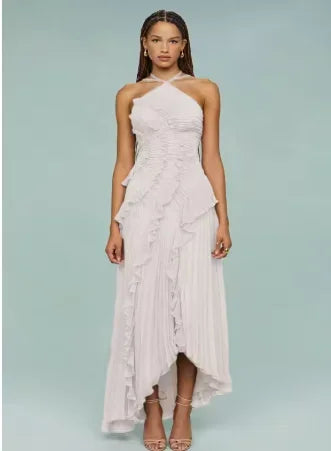 Ruffles Tiered Halter Strap Midi Dress - Casual Slim Fit