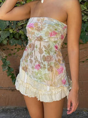 Floral Print Strapless Mesh Top - Vintage Knit Tank