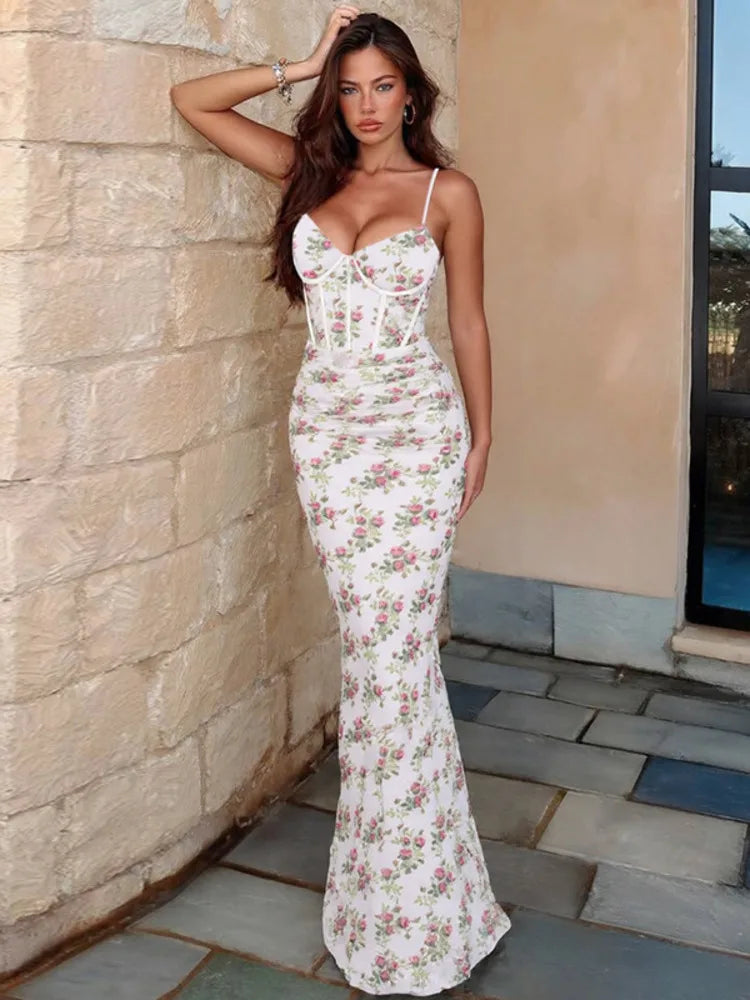 White Floral Corset Print Maxi Dress
