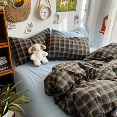 Bedding Set Ins Ambiance Blue Coffee Grid Mixed With Washed Cotton Minimalist Four Piece Set Fitted Sheets Duvet Cover