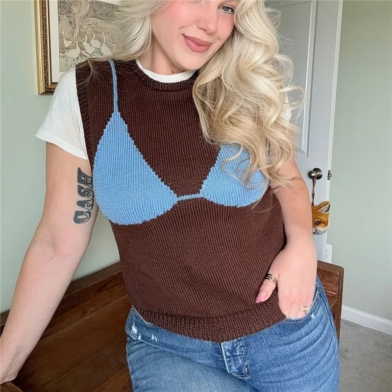 Ribbed 3D Bra Pattern Crew Neck Sleeveless Sweater