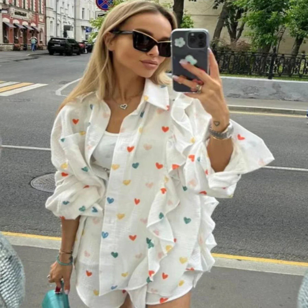 White Linen Printed Shirt And Shorts Set