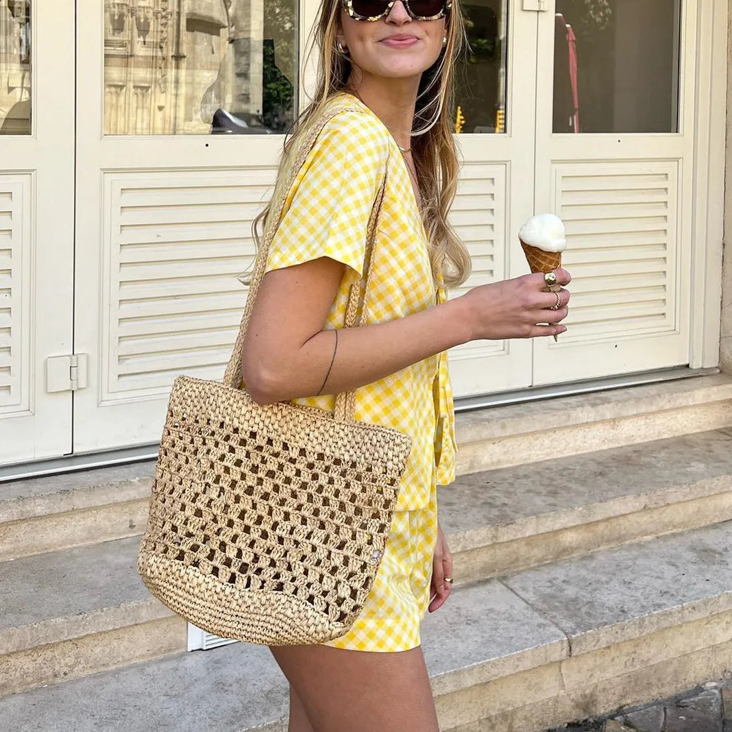 Yellow Checkered Front Tie Shirt And Shorts Set