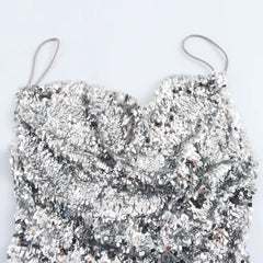 Silver Sequin Cowl Neck Midi Dress