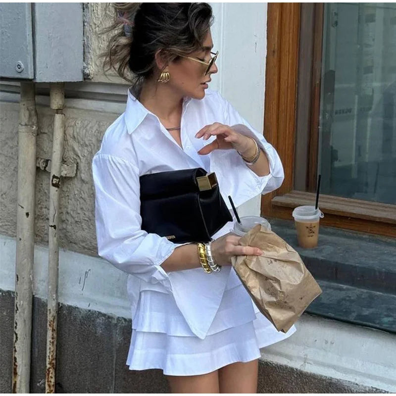 White Collar Shirt And Frill Mini Skirt Set