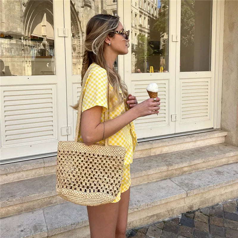 Yellow Checkered Front Tie Shirt And Shorts Set