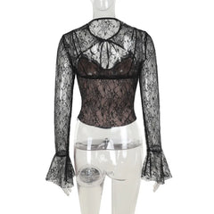 Black Long Sleeve Lace Tie Up Corset Top