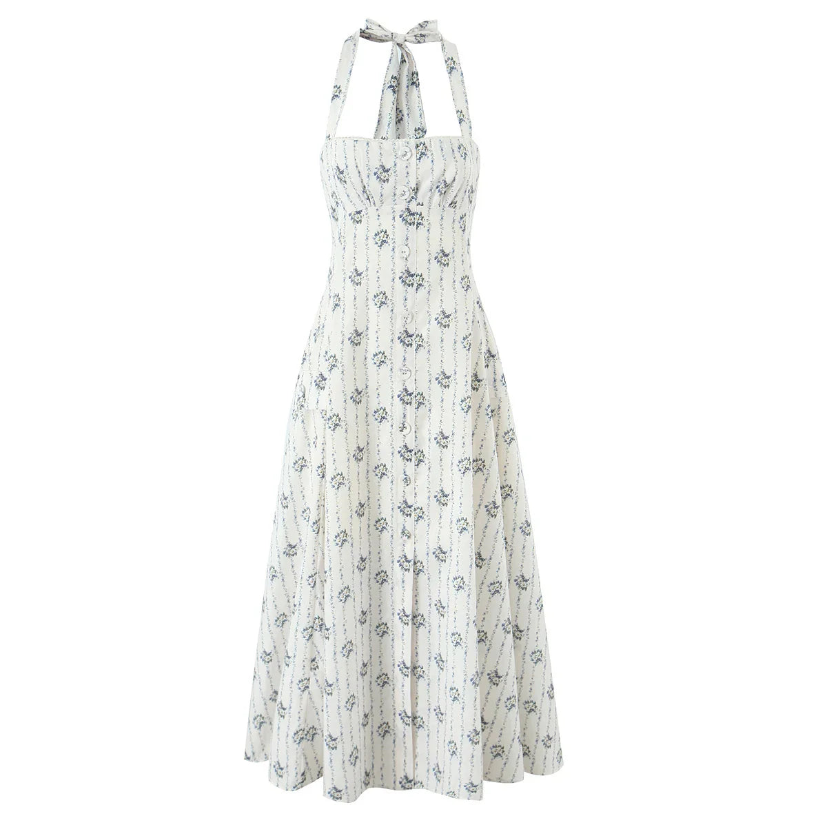 Halter A-line Midi Buttoned Dress