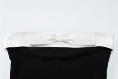 Black Strapless White Satin Bow Midi Dress