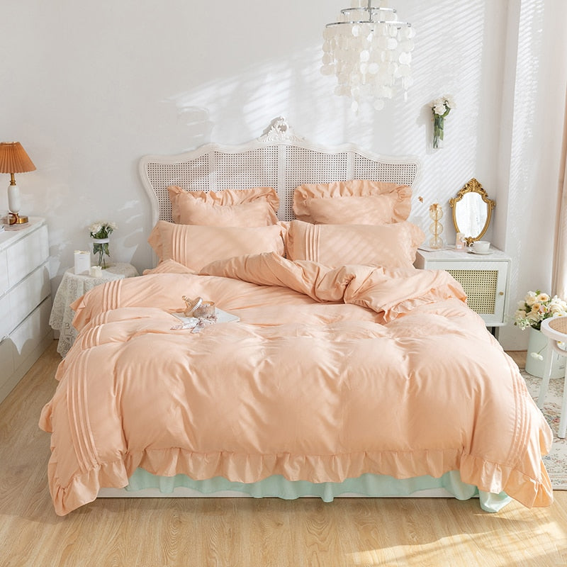 Lace Ruffles Bedding Set White and Gray Color Bedclothes for Boys/Girls Full Size Quilt Cover Sets Queen/King Bed Linen Sets