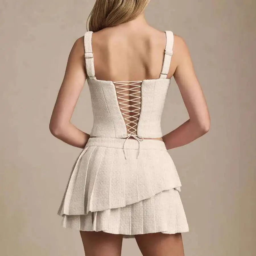 Solid Back Lace Up Crop Top And Pleated Frill Mini Skirt Set