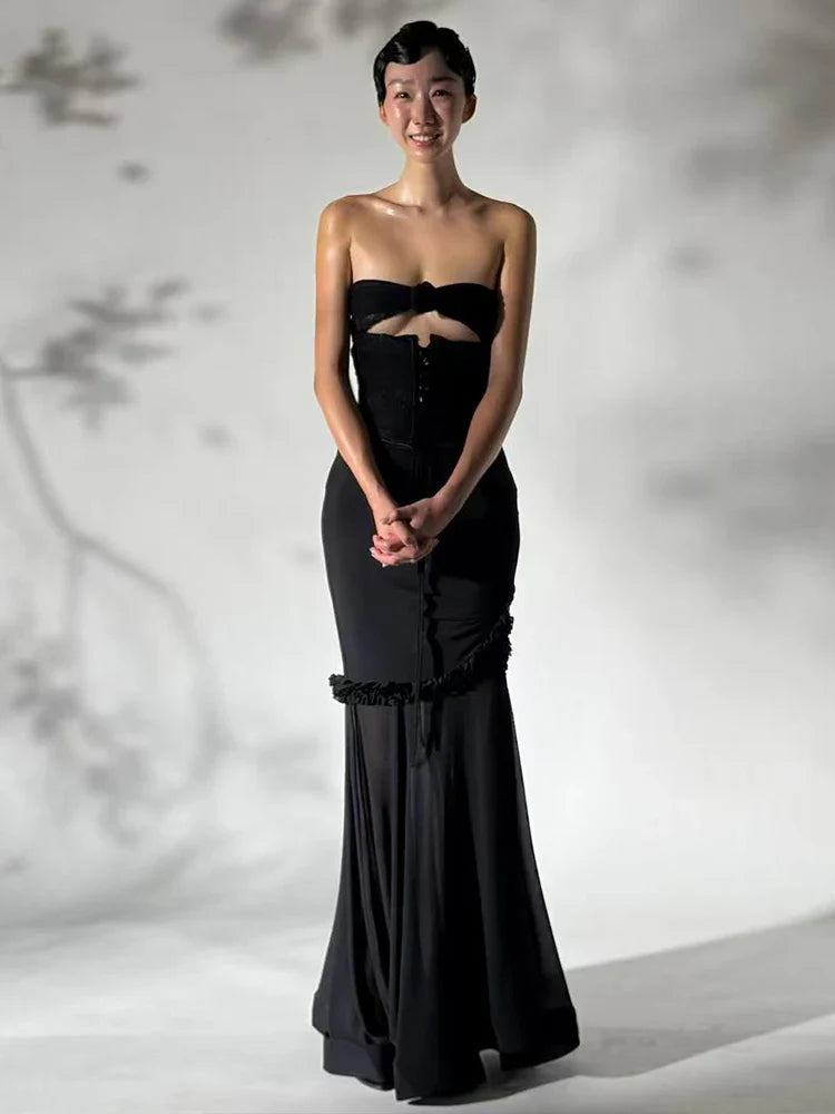 Strapless Cut Out Mesh Corset Ruffles Maxi Dress