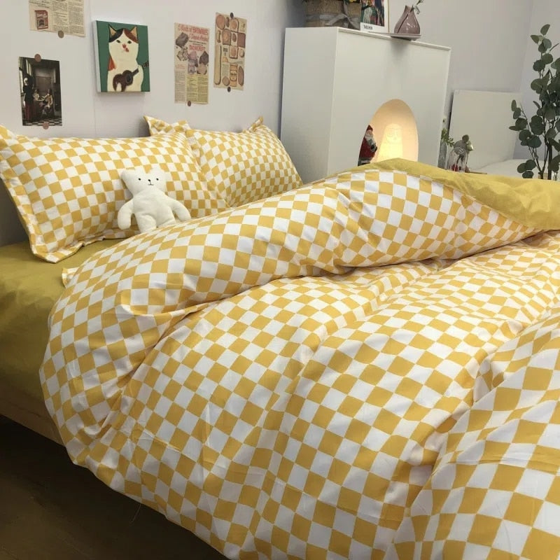 Nordic Pink Black Checkerboard Duvet Cover Sets With Pillow Case Bed Sheet Kids Girls Bedding Sets King Queen Twin Kawaii