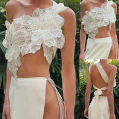 3D Layered Flower Rhinestone Bra Bow Tied  Top