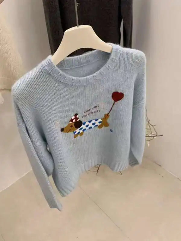 Dog Embroidery Knitted Sweater Pullover