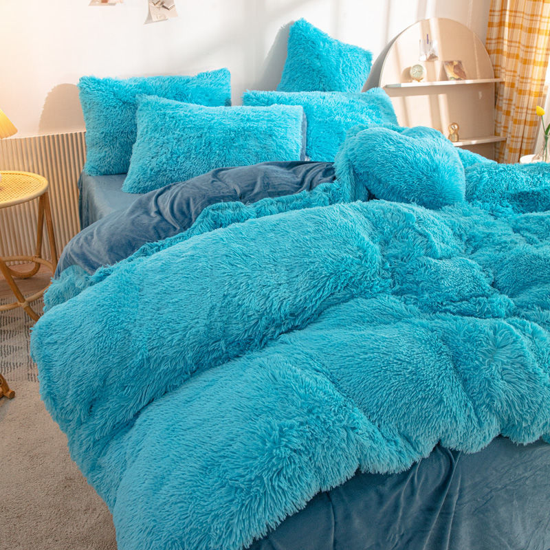 Winter Warm Blue Bedding Set Soft Plush Kawaii Mink Velvet Queen Duvet Cover Set Sheets Pillowcase Single Double Bedding Sets