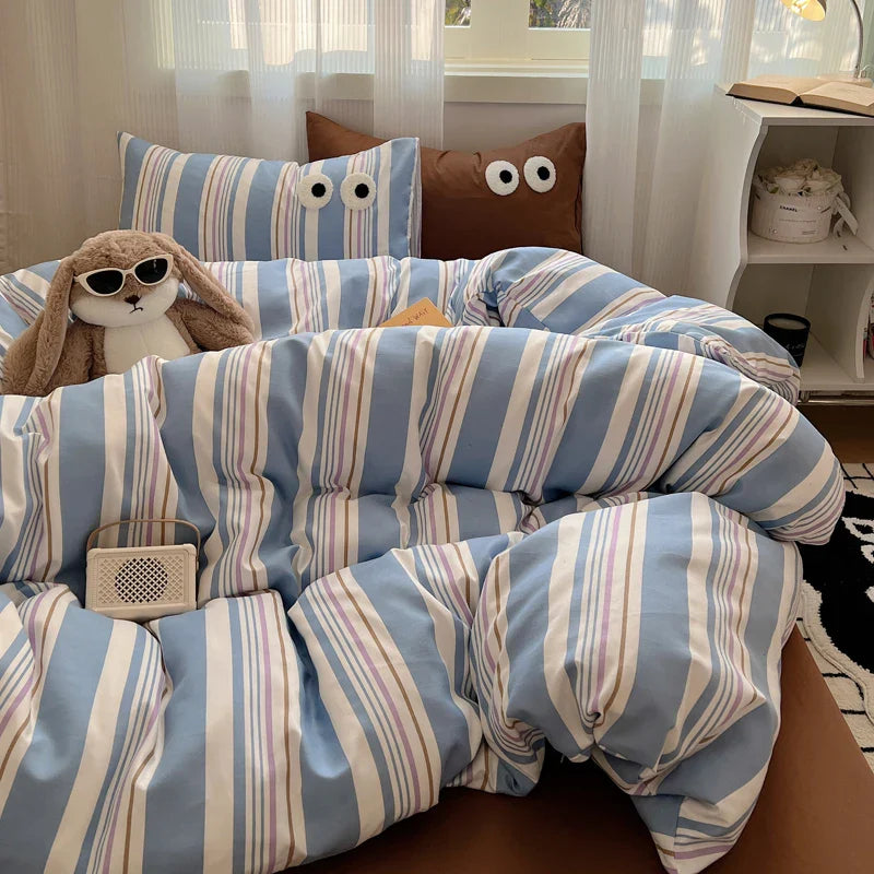 Korean Bed Linen Bedding Sets Stripes Duvet Cover Set Quilt Cover Bed Sheet Quilt Sets Queen Size INS Blogger Comforter Sets