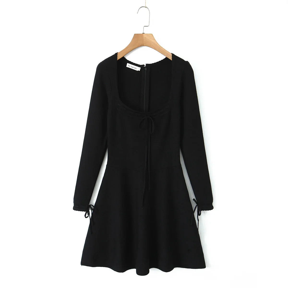 Ribbed Square Neck Long Sleeve Ribbion Mini Dress