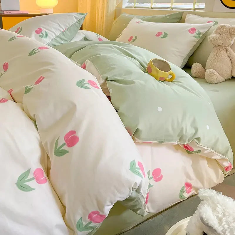Kawaii Princess Pure Cotton Bedding Set Full Size Lovely Ruffles Single Doubel Duvet Cover Set Girls Woman Cozy Bedding Sets