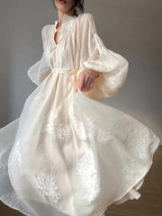Boho Embroidery Lantern Sleeve Vintage Dress