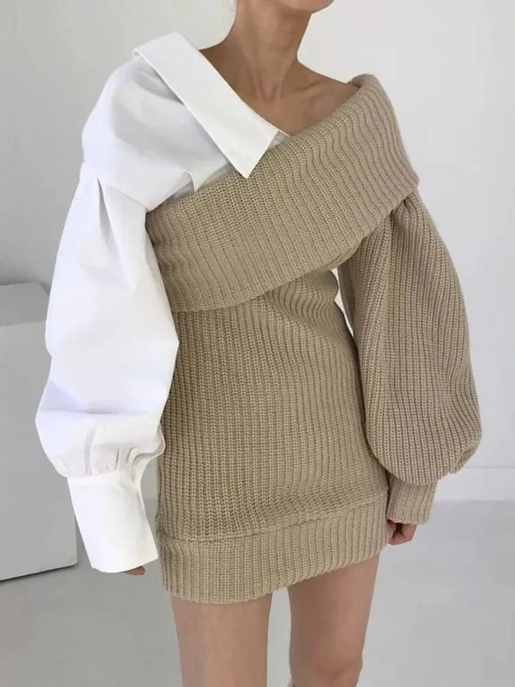 Contrast Shirt Lantern Sleeve Pullovers Sweater
