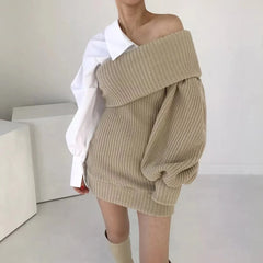 Contrast Shirt Lantern Sleeve Pullovers Sweater