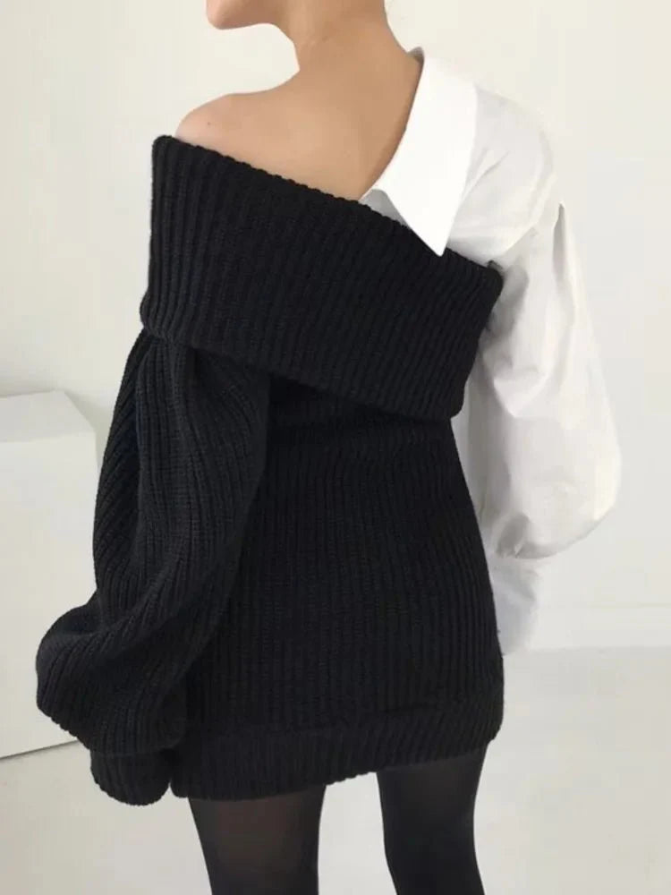 Contrast Shirt Lantern Sleeve Pullovers Sweater