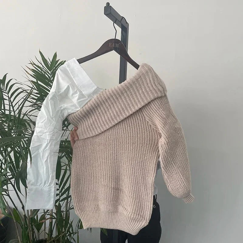 Contrast Shirt Lantern Sleeve Pullovers Sweater