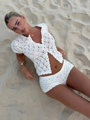 Crochet Hollow Flower Shorts Set
