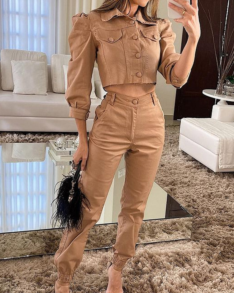 Solid Color Short-sleeve Jacket & High-waist Elastic Pants Two-piece Set