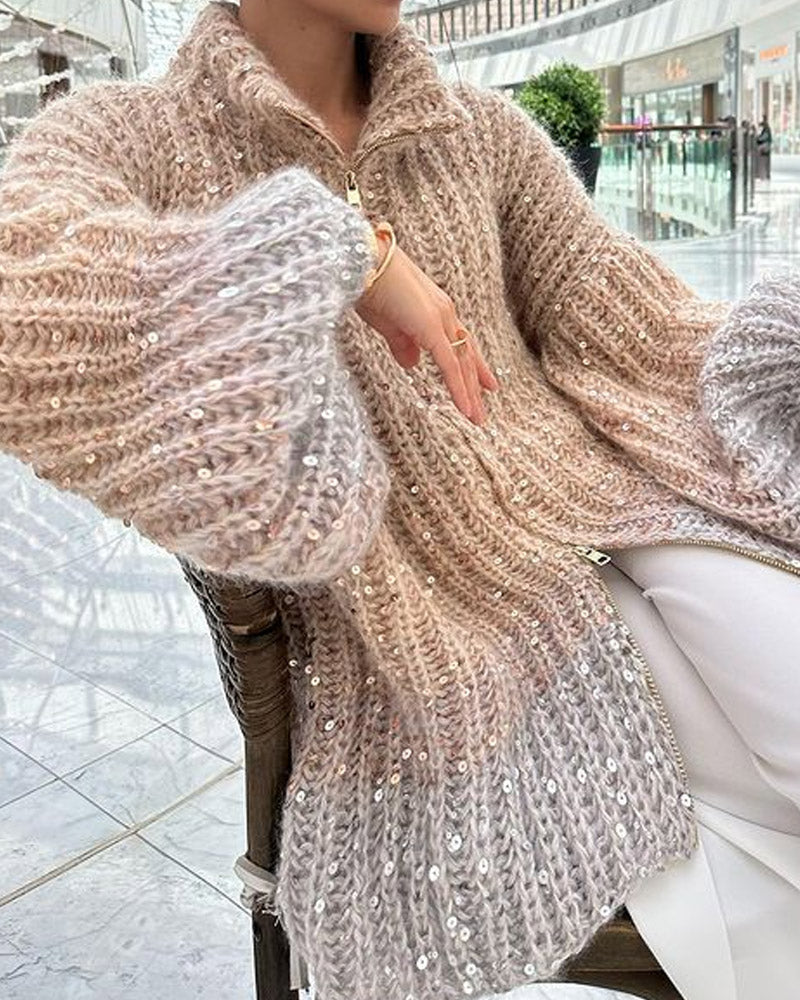 Solid Color Knitted Sequined Sweater Jacket & Suit Pants Two-piece Set