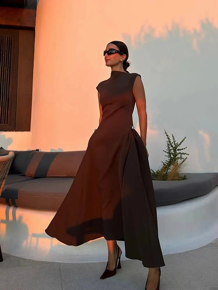 Elegant Oblique Collar Pleated A-line Dress