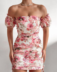 Sexy square collar bubble sleeve dew collarbone temperament slim-fit show thin pleated floral bag buttock dress