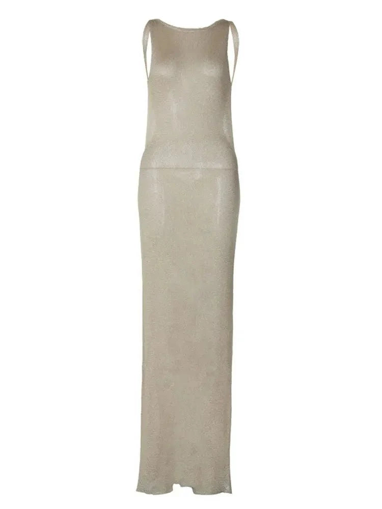 Golden Silk Open Back Sexy Long Dress