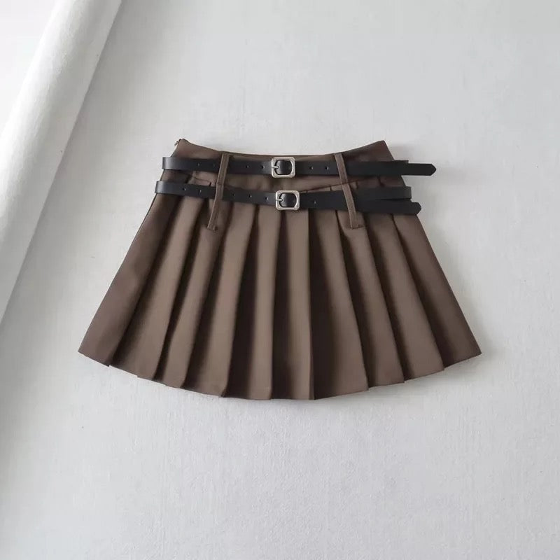 Double Belt Pleated Mini Skirt