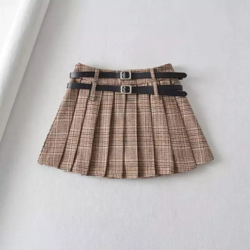 Double Belt Pleated Mini Skirt