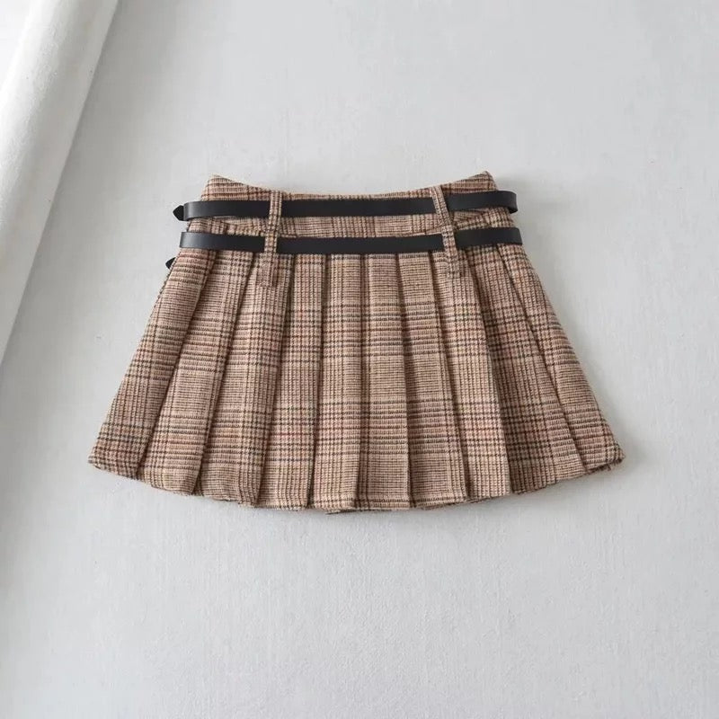 Double Belt Pleated Mini Skirt