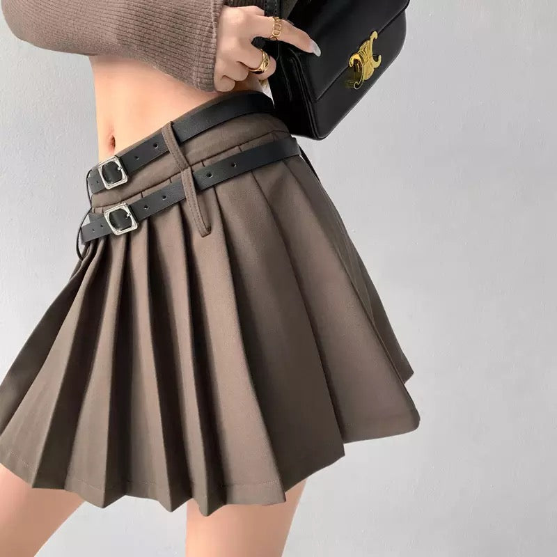 Double Belt Pleated Mini Skirt