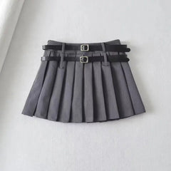 Double Belt Pleated Mini Skirt