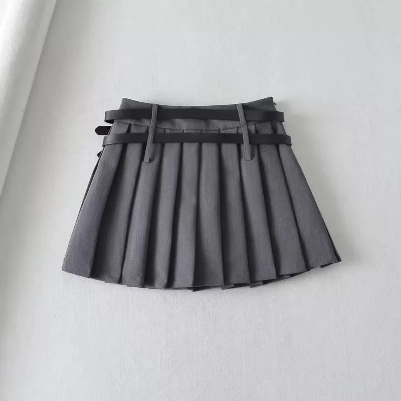 Double Belt Pleated Mini Skirt