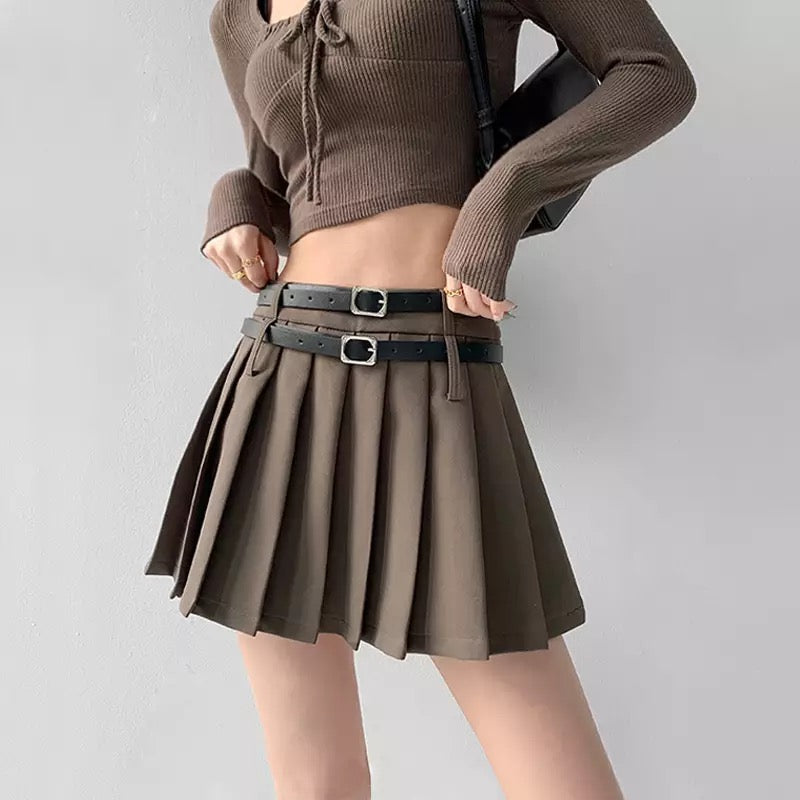 Double Belt Pleated Mini Skirt