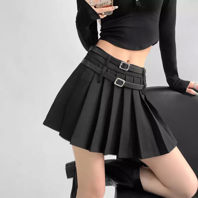 Double Belt Pleated Mini Skirt