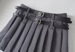 Double Belt Pleated Mini Skirt