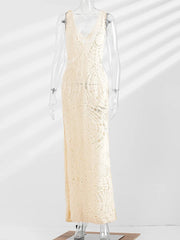 Knitted Crochet Female V Neck Sleeveless Beach Vacation Dresses