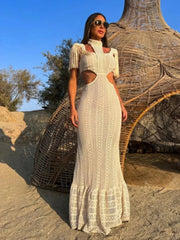 Lace Turtleneck Tassel Sleeve Slim Naked Waist Hollow Out Long Dress